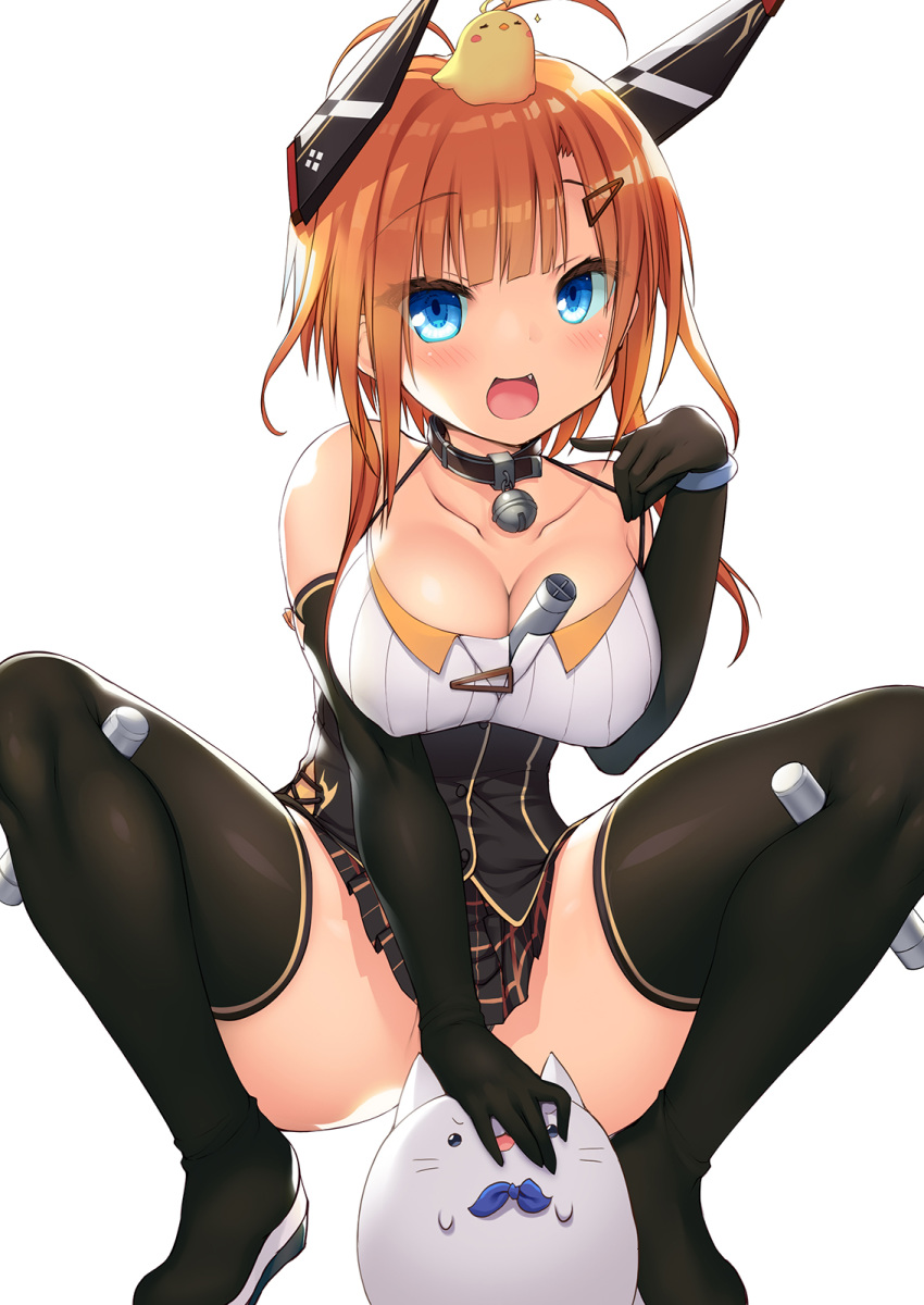 1girl :d animal_on_head antenna_hair ass azur_lane bangs bare_shoulders bell bell_collar between_breasts between_legs between_thighs black_footwear black_shirt black_skirt blue_eyes blush boots breasts buttons cleavage collar commentary_request covered_nipples elbow_gloves eyebrows_visible_through_hair fang foxhound_(azur_lane) full_body gloves hair_ornament hairclip hand_between_legs highres jingle_bell large_breasts looking_at_viewer manjuu_(azur_lane) meowfficer_(azur_lane) ochinsama on_head open_mouth orange_hair plaid plaid_skirt retrofit_(azur_lane) shirt short_hair_with_long_locks sidelocks simple_background skirt sleeveless sleeveless_shirt smile solo_focus squatting thigh_boots thighhighs torpedo white_background