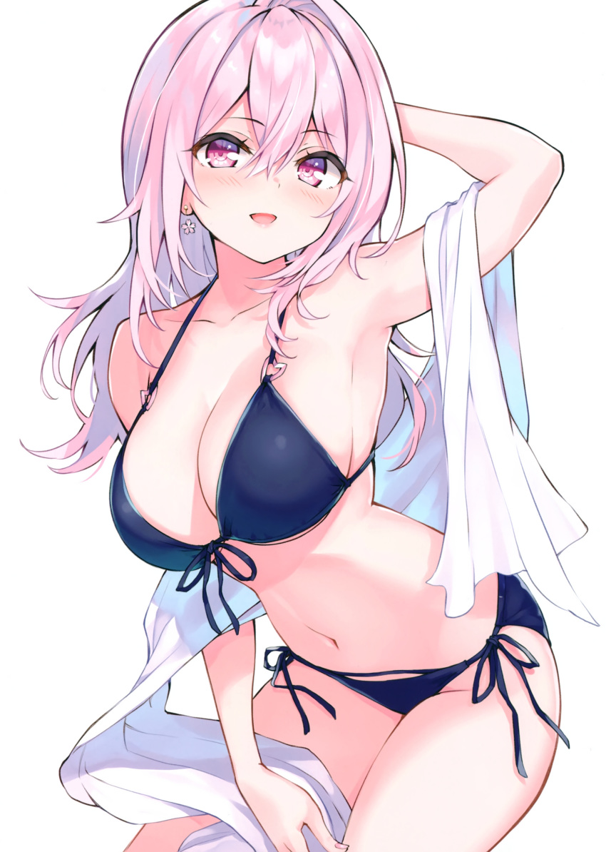 1girl :d absurdres arm_up armpits bangs bare_shoulders bikini black_bikini blush breasts cleavage collarbone cu-no earrings eyebrows_visible_through_hair flower_earrings front-tie_bikini front-tie_top groin hair_between_eyes halter_top halterneck hand_behind_head heart_ring highres hisenkaede jewelry large_breasts leaning_forward long_hair looking_at_viewer navel open_mouth pink_hair purple_eyes scan shawl side-tie_bikini simple_background single_hair_intake smile solo string_bikini swimsuit white_background yayoi_sakura