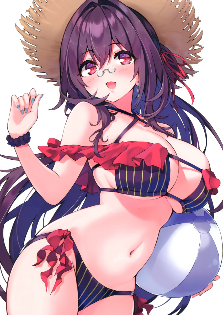 1girl :d absurdres ball bare_shoulders beachball bikini breasts cleavage cowboy_shot criss-cross_halter cu-no glasses halterneck hands_up hat highres hisenkaede kokonoe_tamaki large_breasts long_hair looking_at_viewer nail_polish navel open_mouth pince-nez purple_eyes purple_hair scan scrunchie side-tie_bikini simple_background skindentation smile solo standing stomach straw_hat striped striped_bikini swimsuit very_long_hair white_background wrist_scrunchie