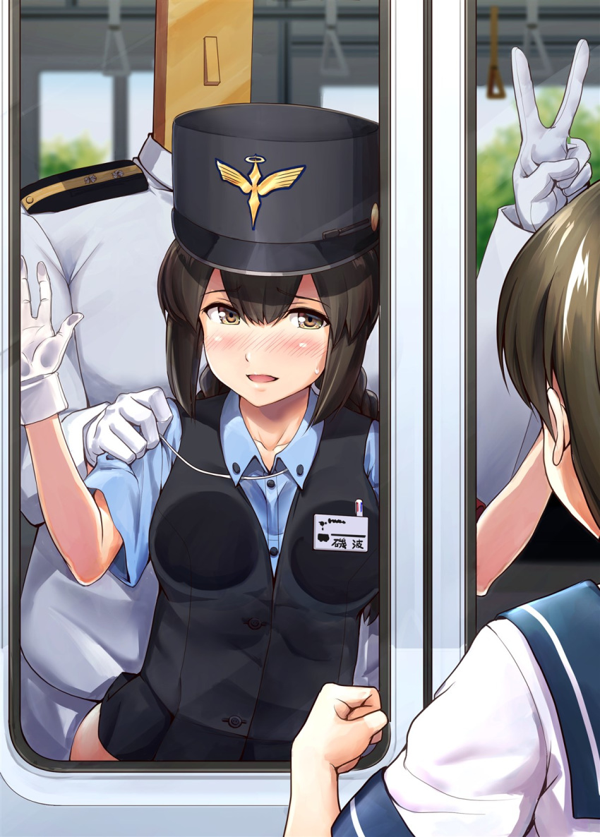 1boy 2girls admiral_(kantai_collection) against_glass alternate_costume bangs black_hair black_headwear black_vest blue_background blue_shirt blush border braid breasts buttons collared_shirt commentary_request dress_shirt employee_uniform epaulettes eyebrows_visible_through_hair gloves hair_between_eyes hat highres ichikawa_feesu implied_sex isonami_(kantai_collection) kantai_collection kepi long_sleeves looking_at_viewer medium_breasts military military_uniform multiple_girls name_tag naval_uniform open_mouth sailor_collar shirt short_sleeves sidelocks smile standing t-head_admiral twin_braids two-tone_background uniform upper_body uranami_(kantai_collection) v vest white_gloves yokohama_seaside_line