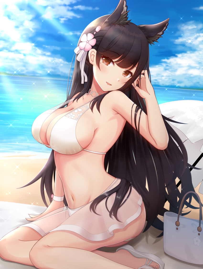 1girl animal_ears atago_(azur_lane) atago_(midsummer_march)_(azur_lane) azur_lane bag bangs beach bikini blue_sky breasts brown_eyes choker cloud day extra_ears eyebrows_visible_through_hair fox_ears hair_ornament hand_up highres kirifrog large_breasts long_hair looking_at_viewer mole mole_under_eye ocean outdoors parasol sand sitting sky smile solo swimsuit umbrella