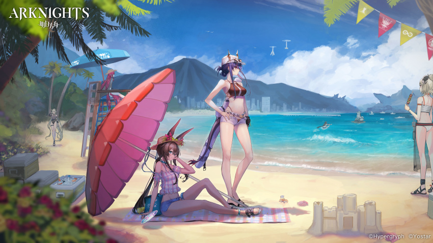 1boy 5girls absurdres amiya_(arknights) animal_ears arknights arm_strap artist_request ass bare_arms bare_legs bare_shoulders baseball_cap beach beach_umbrella belt bikini black_bikini black_swimsuit blue_eyes blue_shorts blue_sky blue_umbrella breasts brown_hair bunny_ears castle-3_(arknights) ch'en_(arknights) cloud cooler copyright_name day detached_sleeves dragon_horns drone ears_through_headwear eyewear_on_headwear flower food from_behind great_lungmen_logo grey_shorts hand_on_hip hat hat_flower highleg highleg_bikini highres holding holding_food horns horns_through_headwear ifrit_(arknights) incredibly_absurdres jewelry kebab long_hair looking_at_viewer low_ponytail matterhorn_(arknights) medium_breasts mountain multiple_girls navel neck_ring ocean off-shoulder_shirt off_shoulder one-piece_swimsuit open_fly outdoors palm_tree penguin_logistics_logo pink_flower pink_shirt red_hair red_umbrella rhine_lab_logo robot sand_castle sand_sculpture sandals shadow shining_(arknights) shirt short_shorts short_sleeves shorts silver_hair sitting sky smile standing stomach string_of_flags striped striped_shirt sun_hat sunglasses swimsuit thighs tree umbrella vertical-striped_shirt vertical_stripes very_long_hair vigna_(arknights) water white_bikini