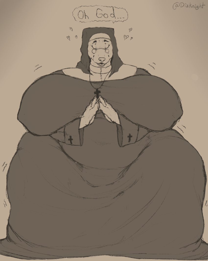 anthro belly big_belly big_breasts breasts canid canine canis clothing dizzyknight eyewear female glasses habit hi_res huge_breasts huge_thighs mammal mother_priscilla nipple_outline nun overweight praying sagging_breasts solo thick_thighs tight_clothing wide_hips wolf