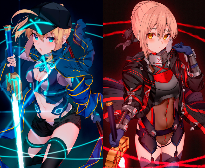 2girls absurdres ahoge artoria_pendragon_(all) bangs baseball_cap black_background black_coat black_leotard black_ribbon black_shorts blonde_hair blue_gloves blue_jacket blue_scarf blush bracer braid breastplate breasts coat covered_navel dual_wielding fate/grand_order fate_(series) french_braid gloves glowing glowing_sword glowing_weapon hair_between_eyes hair_ribbon hair_through_headwear hat highres himitsucalibur holding hood hood_down huge_filesize jacket jun_(aousa0328) leotard long_hair long_sleeves looking_at_viewer multiple_girls mysterious_heroine_x mysterious_heroine_x_(alter) navel open_clothes open_coat open_jacket ponytail ribbon rojiura_satsuki:_chapter_heroine_sanctuary scarf shorts simple_background small_breasts sword thighs weapon yellow_eyes