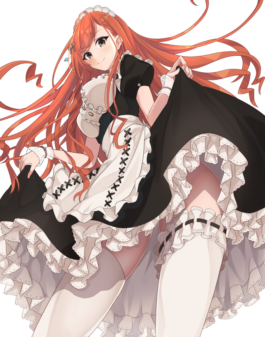 1girl antenna_hair apron arisugawa_natsuha black_bow blush bow breasts brown_eyes center_frills dress frills from_below hair_bow hair_over_shoulder headdress highres idolmaster idolmaster_shiny_colors lace large_breasts long_hair maid maid_apron maid_headdress orange_hair ribbon_trim shirousagi_una short_sleeves simple_background skirt skirt_lift smile solo thigh_strap thighhighs white_background white_legwear wrist_cuffs