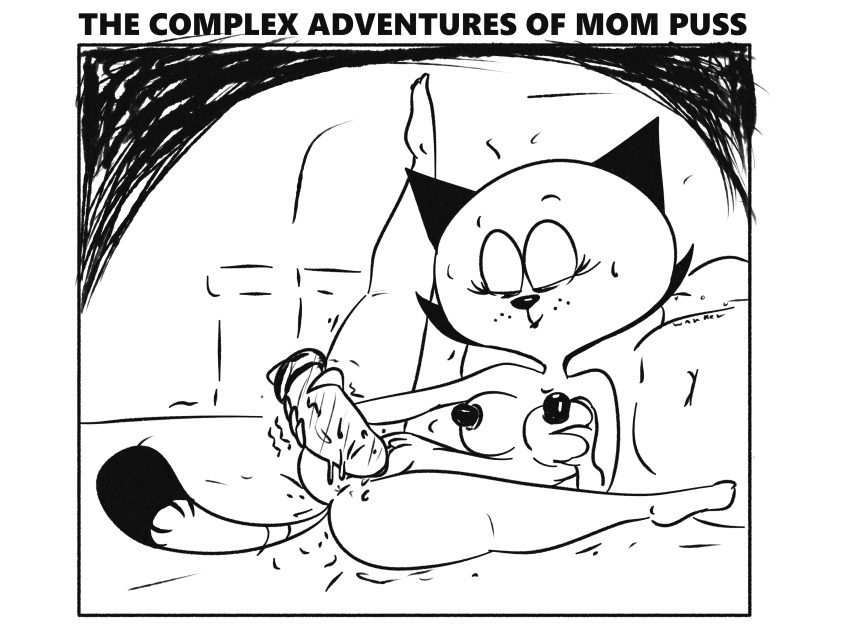 absurd_res af-js anthro english_text female freeflyspecter hi_res masturbation mature_female monochrome mother_puss sex_toy solo text the_complex_adventures_of_eddie_puss