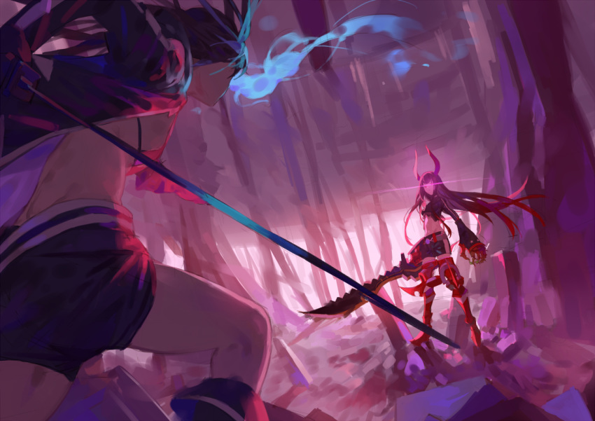 2girls armor battle black_gloves black_rock_shooter black_shorts charging_forward claws gloves glowing glowing_eyes greaves holding holding_sword holding_weapon horns katana lens_flare long_hair multiple_girls navel pink_eyes red_cucumber shorts sketch standing sword twintails very_long_hair weapon