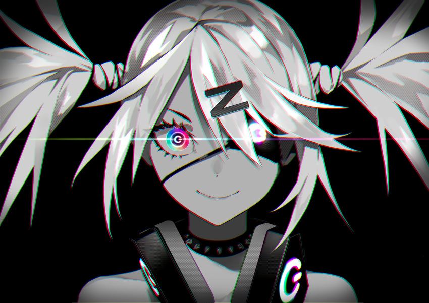 1girl black_background chromatic_aberration closed_fan closed_mouth collar collarbone eyepatch face fan folding_fan glowing glowing_eye greyscale hair_ornament headphones highres lens_flare long_hair monochrome multicolored multicolored_eyes original power_symbol rainbow_eyes ram_(ramlabo) simple_background smile solo spiked_collar spikes spot_color twintails upper_body