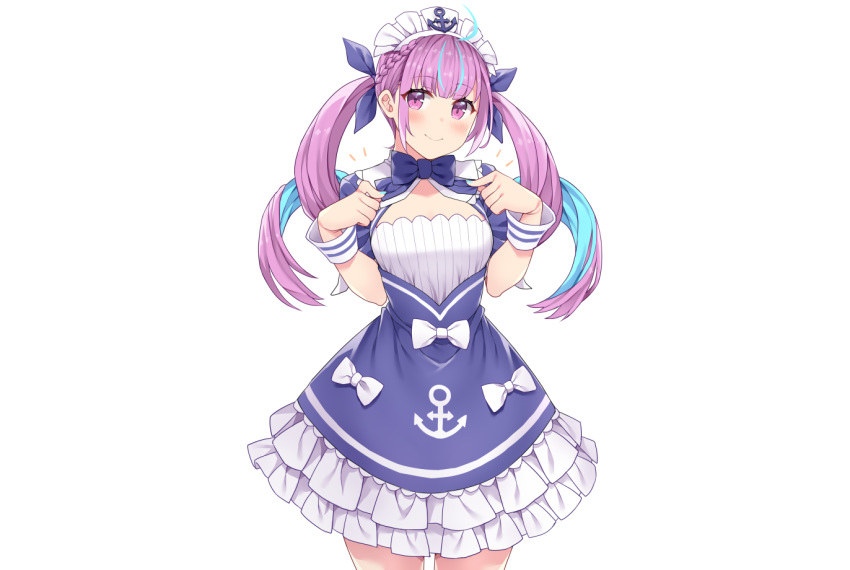 blush bow braids dress hasu_(hk_works) headdress hololive long_hair minato_aqua purple_eyes purple_hair twintails white wristwear