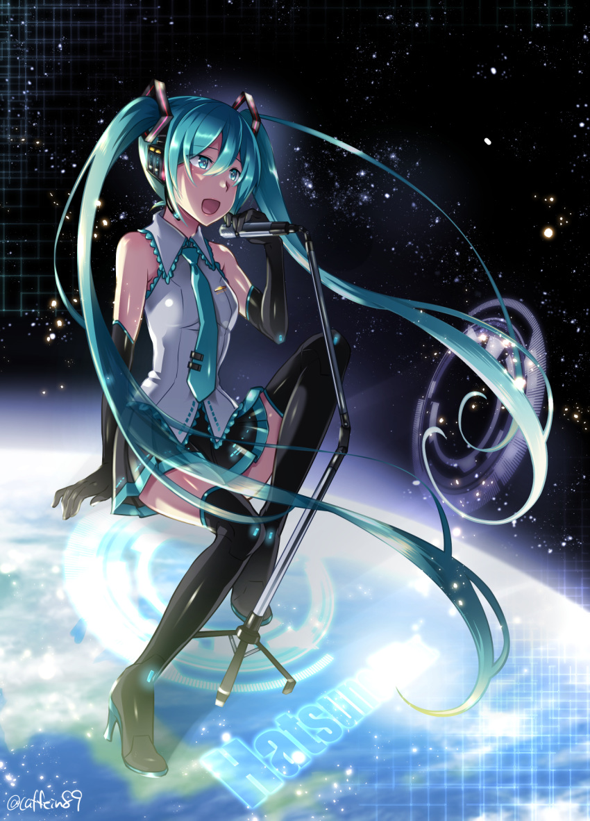 1girl aqua_eyes aqua_hair bangs black_footwear black_gloves boots caffein character_name earth elbow_gloves gloves hair_between_eyes hatsune_miku high_heel_boots high_heels highres holding holding_microphone invisible_chair long_hair microphone necktie open_mouth pleated_skirt sitting skirt sleeveless solo thigh_boots thighhighs twintails vocaloid