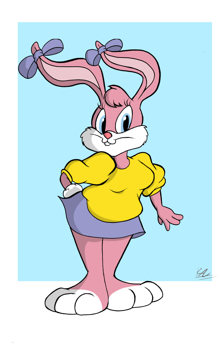 3_toes absurd_res anthro babs_bunny bottomwear bow buckteeth clothing ear_bow female hi_res iyzeekiil lagomorph leporid looking_at_viewer mammal rabbit simple_background skirt solo teeth tiny_toon_adventures toes warner_brothers