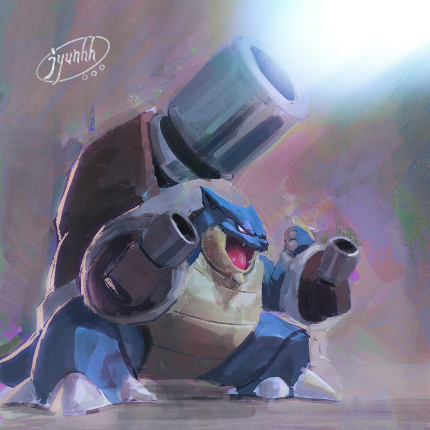 blastoise claws commentary_request creature dark fangs full_body gen_1_pokemon highres jyunhh mega_blastoise mega_pokemon no_humans pokemon pokemon_(creature) purple_background signature simple_background solo standing water