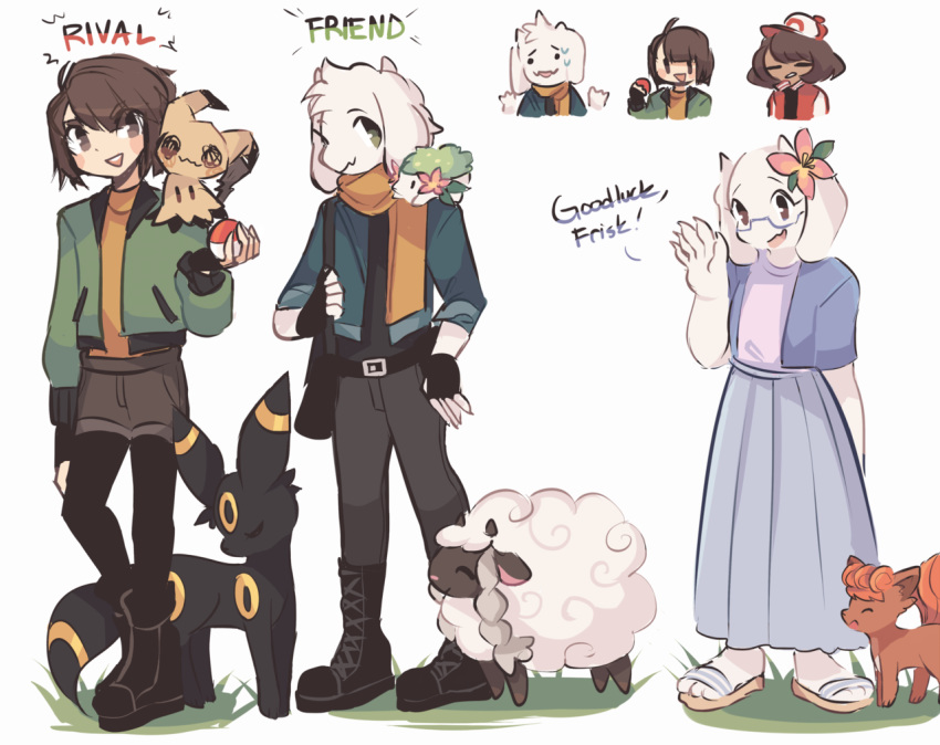 ^_^ asriel_dreemurr boots chara_(undertale) charamells closed_eyes commentary creature crossover dress english_commentary english_text flower frisk_(undertale) gen_1_pokemon gen_2_pokemon gen_4_pokemon gen_7_pokemon gen_8_pokemon gracidea hair_flower hair_ornament holding holding_poke_ball mimikyu mythical_pokemon on_shoulder pants poke_ball poke_ball_(generic) pokemon pokemon_(creature) pokemon_on_shoulder sandals shaymin simple_background standing toriel umbreon vulpix white_background wooloo