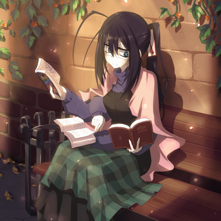 1girl bench black_dress black_eyes black_hair blanket book brick_wall dress extra_arms glasses highres john_su original plant ponytail shawl vines