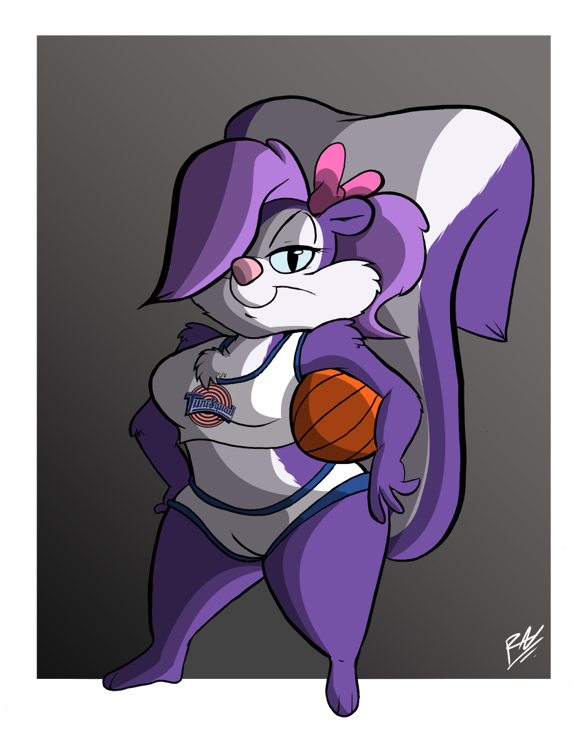 absurd_res anthro basketball basketball_uniform bow clothing female fifi_la_fume hair hair_over_eye hi_res iyzeekiil looking_at_viewer mammal mephitid one_eye_obstructed skunk solo sportswear thick_thighs tiny_toon_adventures uniform warner_brothers