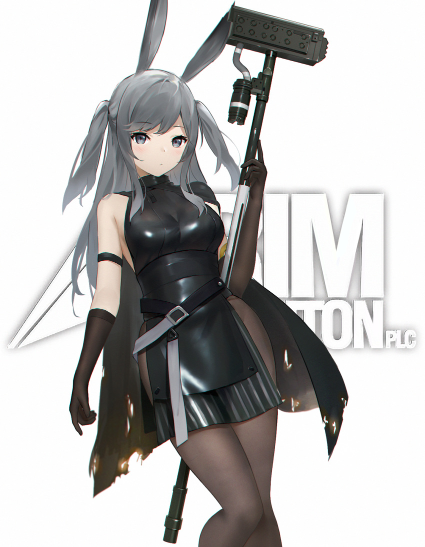 1girl animal_ears arknights arm_strap bangs banxuan_c2ka bare_shoulders belt black_cape black_dress black_gloves blush breasts brown_legwear bunny_ears cape chromatic_aberration commentary dress eyebrows_visible_through_hair feet_out_of_frame gloves grey_eyes hammer hand_up highres holding holding_hammer holding_weapon long_hair looking_at_viewer medium_breasts pantyhose revision savage_(arknights) short_dress silver_hair simple_background sleeveless sleeveless_dress solo standing thighs two_side_up weapon white_background