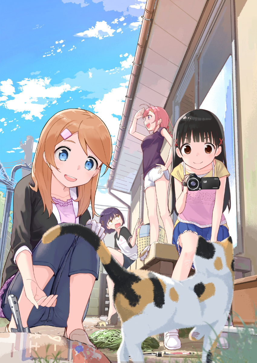 4girls :d ahoge animal bangs black_hair black_jacket black_shorts blue_eyes blue_skirt blue_sky blunt_bangs bottle brown_eyes brown_hair camcorder cat closed_mouth clothesline cloud collarbone commentary_request deck denim fence hair_ornament hairclip hand_on_hip hand_on_own_knee highres holding house jacket jeans laundry_basket long_hair max_melon medium_hair multiple_girls open_mouth original outstretched_arm pants pink_shirt pleated_skirt power_lines power_pole purple_eyes purple_hair purple_shirt red_hair shirt short_hair short_shorts short_sleeves shorts skirt sky smile tree upper_teeth water_bottle white_shirt white_shorts window x_hair_ornament yellow_eyes