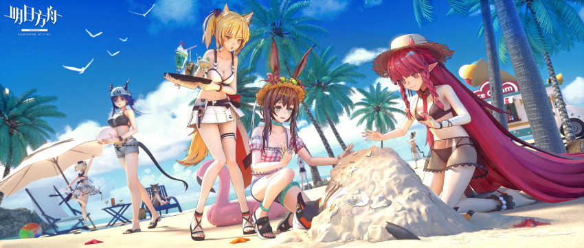 1boy 6+girls :d absurdly_long_hair absurdres amiya_(arknights) animal_ears ankle_cuffs anklet ansel_(arknights) arknights arm_up ball bare_arms bare_legs bare_shoulders barefoot baseball_cap beach_chair beach_umbrella beachball bikini bikini_skirt bird black_bikini blonde_hair blue_eyes blue_hair blue_sky bra_strap braid breasts brown_hair bunny_ears ch'en_(arknights) chinese_commentary cleavage cloud commentary_request copyright_name day dragon_horns dragon_tail ears_through_headwear flower from_behind grey_shorts gummy_(arknights) hat hat_flower highres holding holding_ball holding_tray horns horns_through_headwear huge_filesize ifrit_(arknights) jewelry kneeling long_hair medium_breasts miniskirt multiple_girls navel neck_ring open_mouth outdoors palm_tree penguin pink_shirt pointy_ears puffy_short_sleeves puffy_sleeves red_eyes red_flower red_hair ring sandals see-through shirt short_hair short_shorts short_sleeves shorts sitting skirt sky skyfire_(arknights) smile sora_(arknights) standing standing_on_one_leg starfish stomach sun_hat swimsuit tail the_emperor_(arknights) thigh_strap thighlet thighs tray tree twin_braids umbrella vehicle very_long_hair vigna_(arknights) watch white_bikini white_skirt wolf_ears wristwatch yellow_eyes z-ao