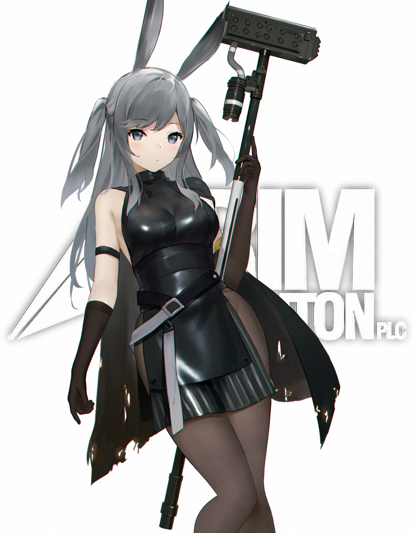 1girl animal_ears arknights arm_strap bangs banxuan_c2ka bare_shoulders belt black_cape black_dress black_gloves blush breasts brown_legwear bunny_ears cape chromatic_aberration dress eyebrows_visible_through_hair feet_out_of_frame gloves grey_eyes hammer hand_up highres holding holding_hammer holding_weapon long_hair looking_at_viewer medium_breasts pantyhose savage_(arknights) short_dress silver_hair simple_background sleeveless sleeveless_dress solo standing thighs two_side_up weapon white_background
