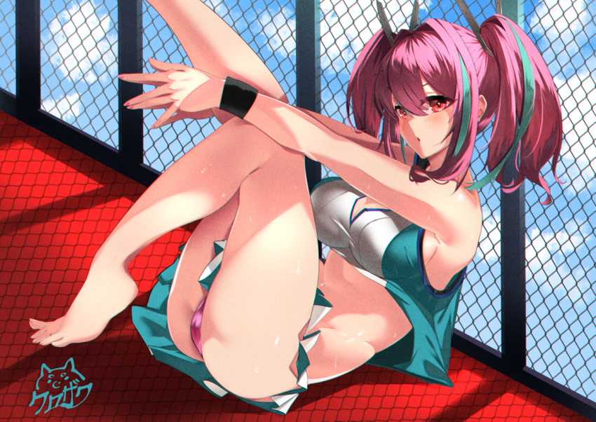 1girl :o ass azur_lane bangs bare_shoulders barefoot blue_sky blush breasts bremerton_(azur_lane) bremerton_(scorching-hot_training)_(azur_lane) chain-link_fence cleavage cloud commentary cowboy_shot crop_top crop_top_overhang eyebrows_behind_hair fence green_hair green_skirt groin hair_between_eyes hair_intakes hair_ornament kurosawa_(hjkl42332) large_breasts leg_up long_hair looking_at_viewer midriff multicolored_hair no_mole panties pink_eyes pink_hair pink_nails pink_panties shadow shirt sidelocks signature sitting skirt sky sleeveless sleeveless_shirt solo sportswear streaked_hair sweat tennis_uniform twintails two-tone_hair two-tone_shirt two-tone_skirt underwear white_shirt white_skirt wristband