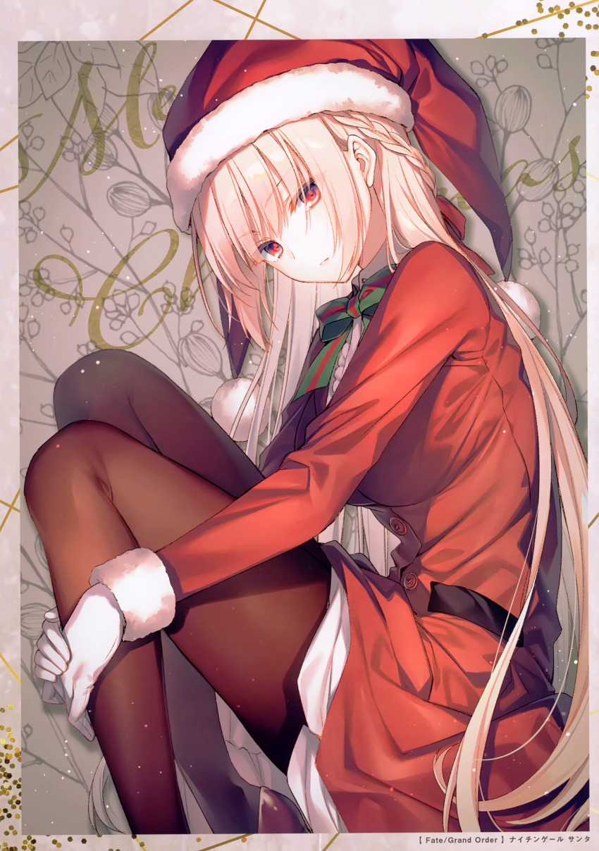 1girl absurdres belt blonde_hair breasts fate/grand_order fate_(series) fetal_position florence_nightingale_(fate/grand_order) florence_nightingale_santa_(fate/grand_order) fur-trimmed_sleeves fur_trim gloves hat high_heels highres knees_to_chest long_hair looking_at_viewer medium_breasts merry_christmas neck_ribbon pantyhose red_eyes ribbon santa_costume santa_hat scan solo toosaka_asagi white_gloves