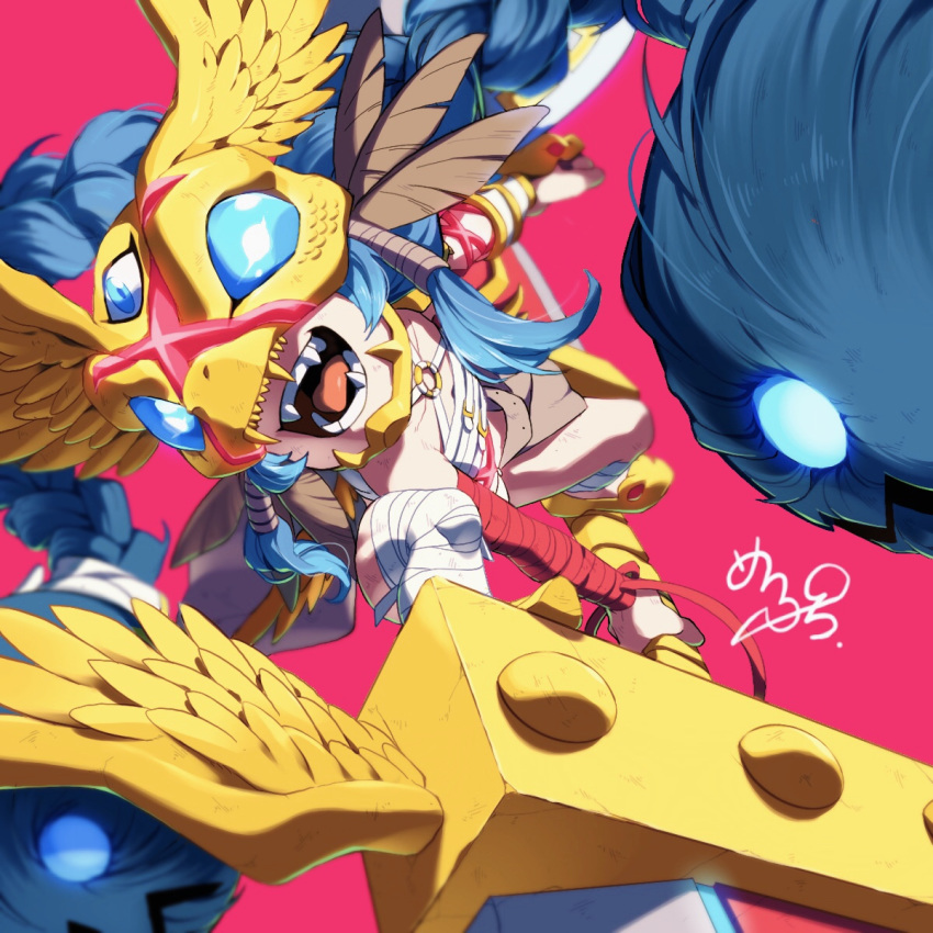 1girl :d bandaged_arm bandaged_leg bandages blue_hair braid brown_cape budget_sarashi cape collarbone digimon fangs feathers flat_chest from_below full_body highres holding holding_shield holding_sword holding_weapon huge_weapon living_hair long_hair looking_at_viewer maplo midriff minervamon minervamon_x o-ring o-ring_top open_mouth petite pink_background sarashi shield sidelocks signature simple_background smile snake_mask sword third_eye tongue twin_braids very_long_hair waist_cape weapon yellow_footwear