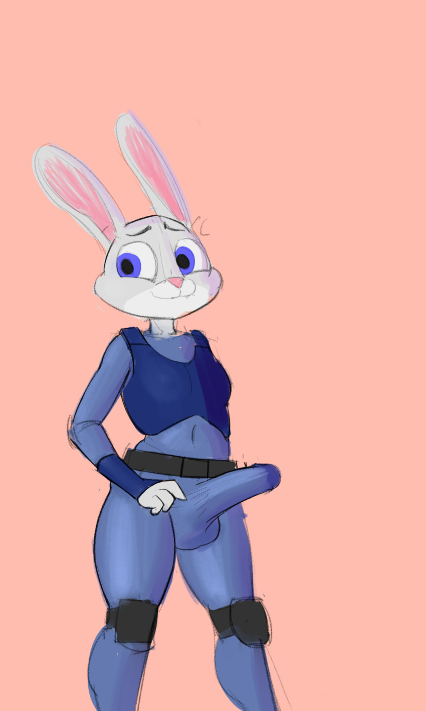 2020 3:5 anthro balls bulge clothed clothing crossgender disney erection erection_under_clothing ftg_crossgender fti_crossgender fur genital_outline genitals grey_body grey_fur gynomorph hi_res intersex judy_hopps lagomorph leporid mammal penis penis_outline pink_background rabbit simple_background solo tenting white_body white_fur zambs zootopia