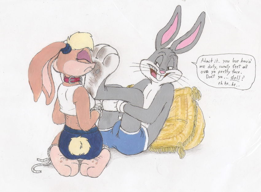 3_toes anthro bdsm bondage bound bugs-bunny_(artist) bugs_bunny clothing collar dirty_feet duo feet_on_face female foot_fetish hands_tied hi_res hindpaw lagomorph legs_tied leporid lola_bunny looney_tunes male male/female male_dominating mammal paws rabbit submissive submissive_female taunting toes warner_brothers