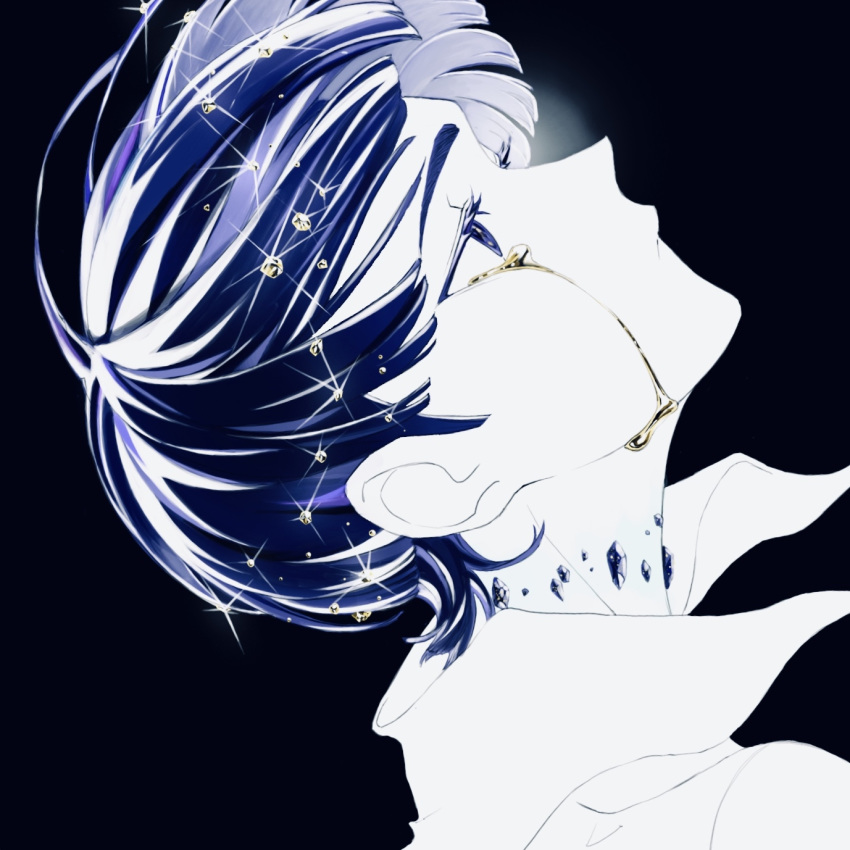 1other androgynous black_background blue_eyes blue_hair bowl_cut cherea colored_eyelashes crying crying_with_eyes_open crystal crystal_hair floating_hair from_side highres houseki_no_kuni liquid looking_away looking_up phosphophyllite phosphophyllite_(ll) portrait profile short_hair simple_background solo sparkle spoilers tears