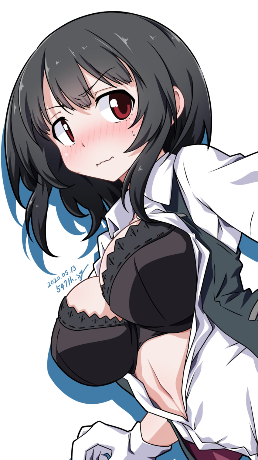 1girl 547th_sy black_bra black_hair black_vest blush bra breasts collarbone cosplay dated dutch_angle embarrassed eyebrows_visible_through_hair gloves highres kantai_collection large_breasts looking_at_viewer navel open_clothes open_shirt oyashio_(kantai_collection) oyashio_(kantai_collection)_(cosplay) red_eyes shadow shirt short_hair short_sleeves solo takao_(kantai_collection) twitter_username underwear upper_body vest wavy_mouth white_gloves white_shirt