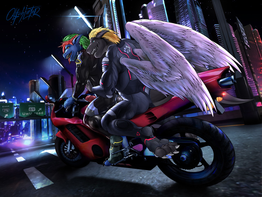 2020 4:3 5_fingers anthro biker biker_jacket biking blonde_hair blue_body brown_body clothed clothing dark dark_dragon_(character) detailed_background digital_drawing_(artwork) digital_media_(artwork) dragon driving duo erection feathered_wings feathers fingers genitals green_hair hair humanoid_genitalia humanoid_penis jacket leather leather_jacket male male/male motorcycle muscular night obfuscator open_mouth outside penetration penis rear_view red_hair riding rubber scalie sex signature sitting sky suit teeth tongue tongue_out topwear vehicle welsh_(scot365) white_wings wings