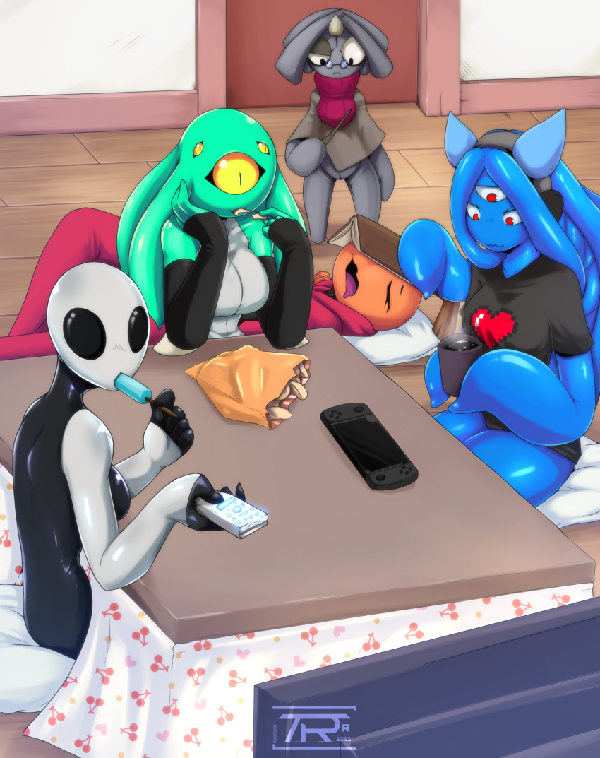 absurd_res alien blue_body blue_skin book breasts clothed clothing controller cyclops eyewear female food furniture glasses group hi_res horn monster multi_eye nintendo nintendo_switch not_furry popsicle remote_control sleeping table teaspoon tentacles video_games