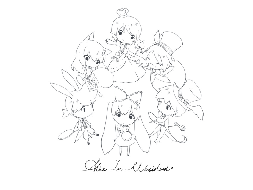 alice_(wonderland) alice_(wonderland)_(cosplay) alice_in_musicland_(vocaloid) animal_ears apron bow bunny_ears cat_ears caterpillar_(wonderland) caterpillar_(wonderland)_(cosplay) cheshire_cat cheshire_cat_(cosplay) chibi chinese_commentary coat commentary cosplay crown dress everyone hair_bow hat hatsune_miku holding holding_staff hookah kagamine_len kagamine_rin kaito kneehighs lineart long_hair looking_at_viewer mad_hatter mad_hatter_(cosplay) megurine_luka meiko pocket_watch queen_of_hearts queen_of_hearts_(cosplay) short_hair short_ponytail skirt song_name spencer_sais spiked_hair staff top_hat twintails very_long_hair vest vocaloid watch white_rabbit white_rabbit_(cosplay)