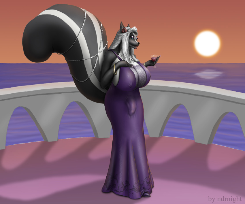 absurd_res alcohol anthro beverage big_breasts breasts bulge cocktail crown evening_dress flower gynomorph hi_res huge_breasts hyper intersex jewelry mammal mephitid mistress ndrnight necklace plant rose_(flower) skunk solo sunset the_promenade tiara twillight