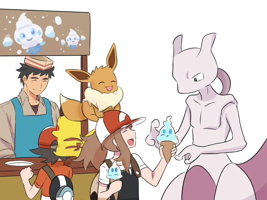 1girl 2boys :d ^_^ ayumi_(pokemon) baseball_cap black_hair brown_hair casteliacone closed_eyes commentary creature eevee english_commentary facing_another food gen_1_pokemon happy hat holding holding_food kakeru_(pokemon) legendary_pokemon long_hair looking_at_another mewtwo multiple_boys on_head open_mouth pokemon pokemon_(creature) pokemon_(game) pokemon_lgpe pokemon_on_head ponytail serious simple_background smile spiked_hair white_background