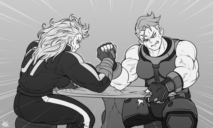 2girls arm_wrestling blank_eyes breasts clenched_teeth cracked crossover dorohedoro emphasis_lines fingerless_gloves gloves greyscale highres jmg medium_breasts medium_hair messy_hair monochrome multiple_girls muscle muscular_female noi_(dorohedoro) overwatch short_hair signature sweat teeth trembling veins very_short_hair zarya_(overwatch)