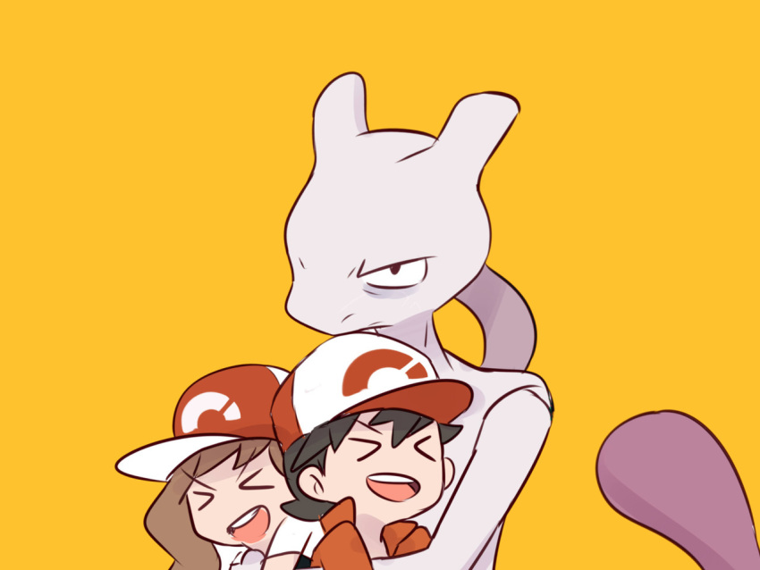 &gt;_&lt; 1boy 1girl ayumi_(pokemon) baseball_cap black_hair brown_hair commentary creature english_commentary gen_1_pokemon hat hug kakeru_(pokemon) legendary_pokemon long_hair mewtwo pokemon pokemon_(creature) pokemon_(game) pokemon_lgpe ponytail serious simple_background spiked_hair yellow_background