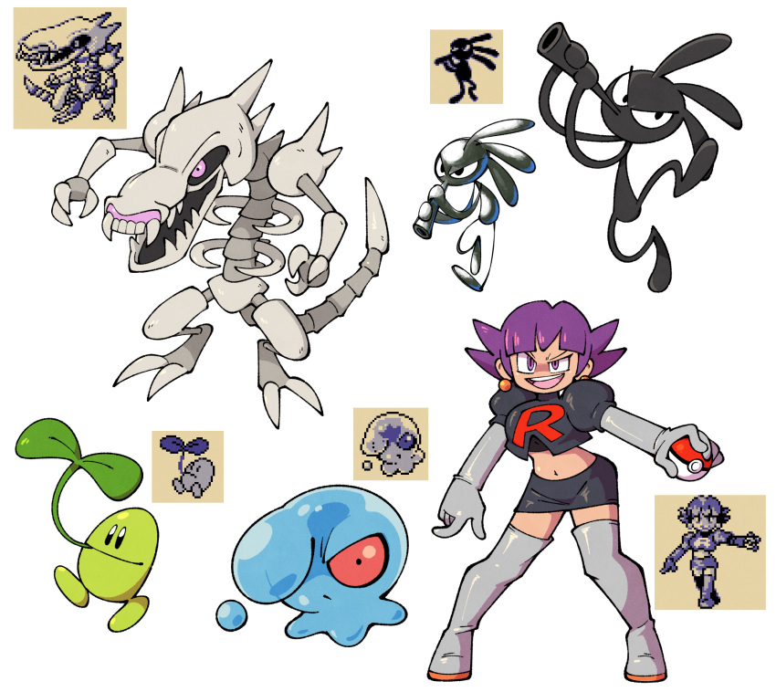 1girl black_eyes black_skirt breasts claws commentary creature english_commentary evil_smile fangs full_body highres legs_apart looking_at_viewer may98_pokemon_300_(flautist) may98_pokemon_401_(xenomorph) miniskirt mitei01_(sunkern) no_humans pokemon pokemon_(creature) pokemon_(game) pokemon_gsc pokemon_gsc_beta purple_eyes red_eyes sharp_teeth shenanimation short_hair simple_background skeleton skirt small_breasts smile sprite standing team_rocket team_rocket_grunt team_rocket_uniform teeth uniform walking white_background white_footwear