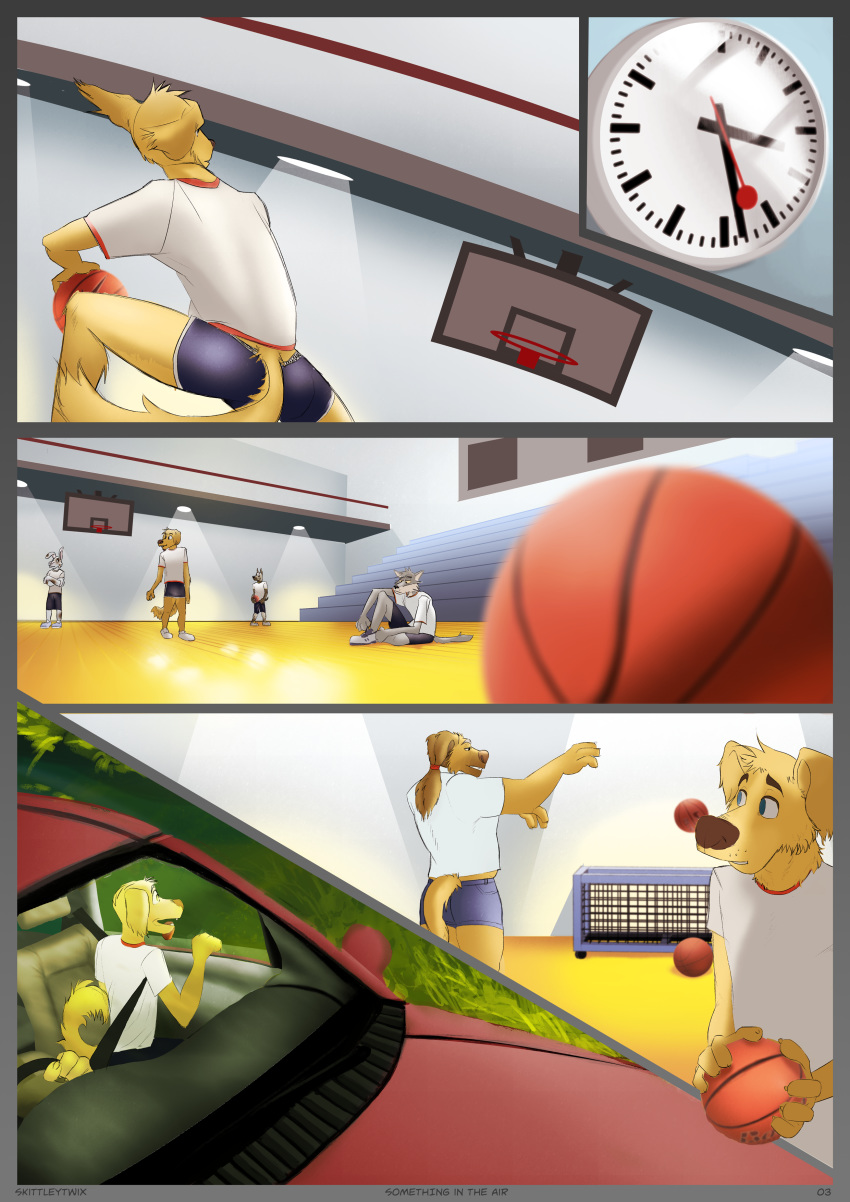 absurd_res andromorph anthro ball basketball basketball_(ball) basketball_court biped bird_dog bottomwear canid canine canis car clothed clothing coach_luther comic conditional_dnp digital_media_(artwork) domestic_dog eyebrows facial_hair fur golden_retriever group gym_uniform hair hi_res humanoid hunting_dog intersex lagomorph leporid male mammal muscular muscular_male rabbit retriever sam_(orf) shirt shorts skittleytwix topwear vehicle wesley_(skittleytwix) yellow_body yellow_fur