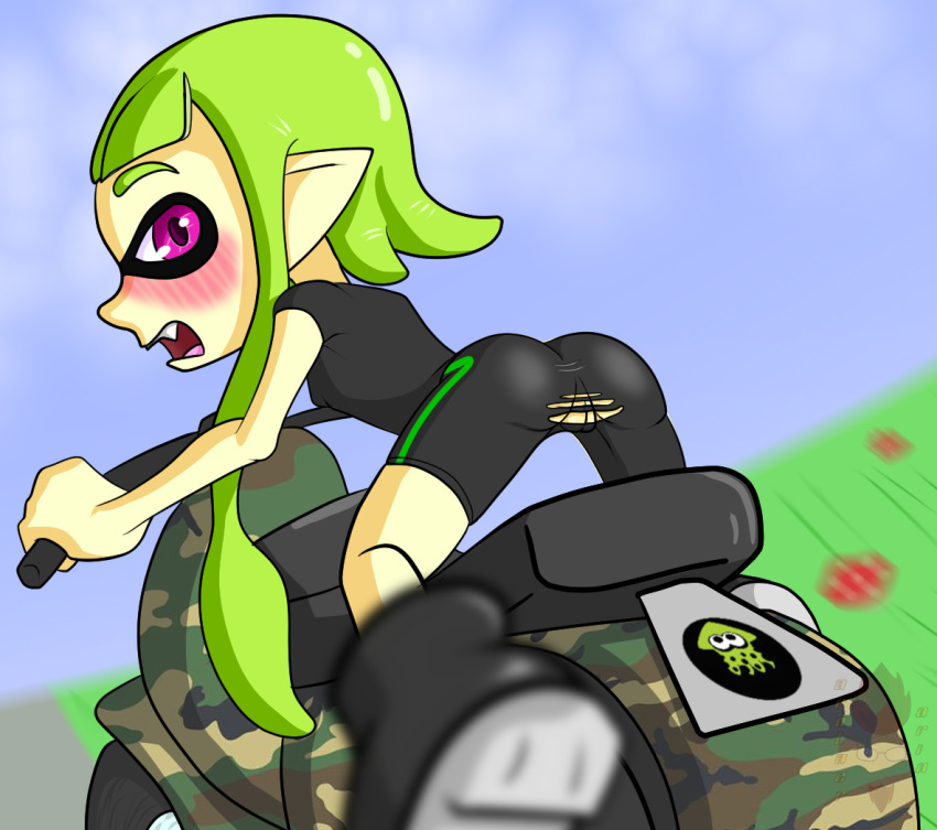 bike_shorts bottomwear cephalopod clothing exposed female genitals humanoid inkling inkling_girl marine mollusk nintendo orintakoda pussy scooter shorts solo splatoon video_games wardrobe_malfunction young