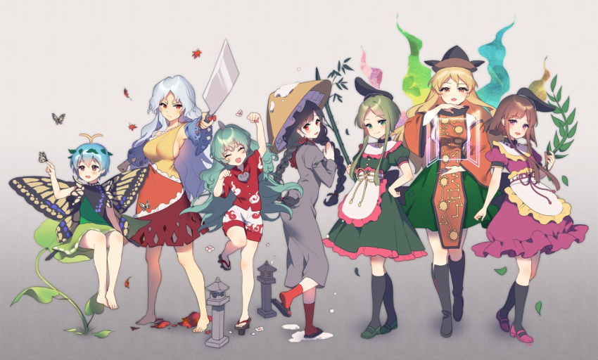 6+girls :d ^_^ ajirogasa antennae apron arm_up bamboo bangs banned_artist barefoot black_footwear black_hair black_headwear black_legwear black_shirt blonde_hair blue_hair blush boots braid breasts brown_eyes brown_hair brown_headwear bug butterfly closed_eyes commentary_request dress eternity_larva eyebrows_visible_through_hair full_body geta gradient gradient_background green_dress green_footwear green_hair green_skirt grey_background grey_dress hajin hand_up hat hatchet hidden_star_in_four_seasons holding holding_weapon horn insect juliet_sleeves kariyushi_shirt kneehighs komano_aun large_breasts leaf long_braid long_hair long_sleeves low_twintails mary_janes matara_okina miniskirt multicolored multicolored_clothes multicolored_dress multiple_girls myouga_(plant) nishida_satono open_mouth orange_dress oriental_hatchet puffy_short_sleeves puffy_sleeves purple_dress purple_eyes purple_footwear red_dress red_eyes red_legwear red_shirt sakata_nemuno sandals shirt shoes short_dress short_hair short_hair_with_long_locks short_sleeves shorts silver_hair single_strap sitting skirt sleeveless sleeveless_shirt smile socks standing standing_on_one_leg tabard teireida_mai touhou twin_braids twintails very_long_hair waist_apron weapon white_apron white_shorts wide_sleeves yatadera_narumi yellow_dress