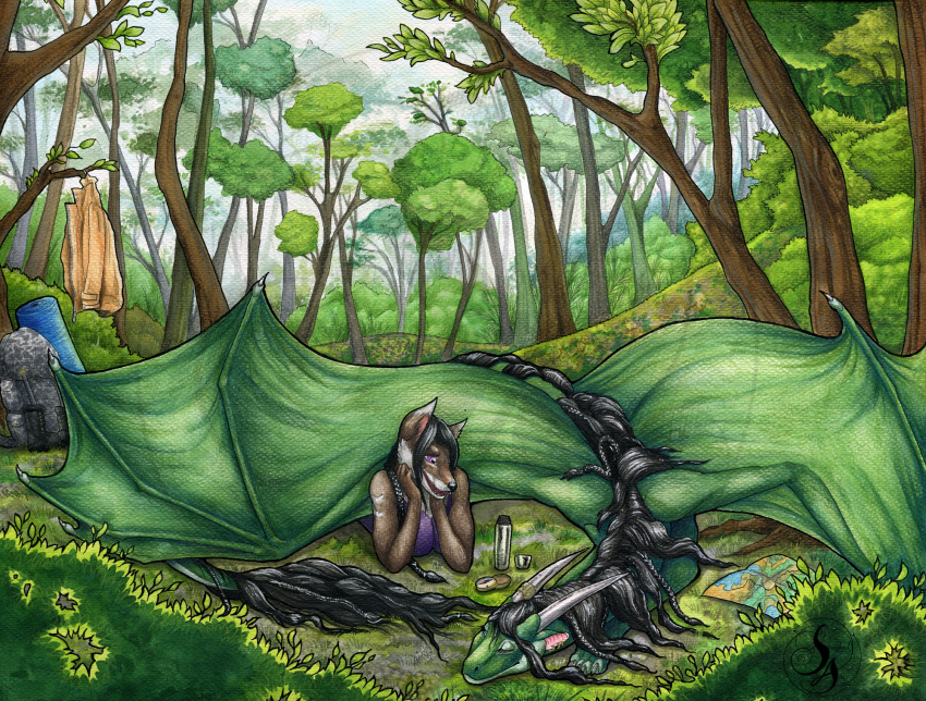 2020 anthro arm_support backpack black_hair bush_(disambiguation) camping canid canine canis claws clothed clothing compass day detailed_background digital_media_(artwork) domestic_dog dragon duo female feral forest grass green_body green_scales hair hi_res horn leaning_on_elbow looking_at_another lying mammal map membrane_(anatomy) membranous_wings natoli open_mouth outside pink_eyes scales scalie sedyana teeth traditional_media_(artwork) tree watermark western_dragon wings