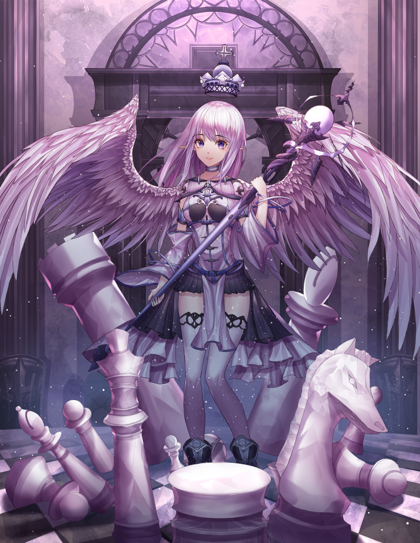 1girl absurdres angel_wings bishop_(chess) black_skirt board_game breasts chess chess_piece chessboard closed_mouth expressionless eyebrows_visible_through_hair highres holding holding_staff knight_(chess) long_hair looking_at_viewer medium_breasts original pleated_skirt pointy_ears purple_eyes purple_hair rook_(chess) seemu_(wnslqjdignv_) skirt solo staff thighhighs white_legwear wings