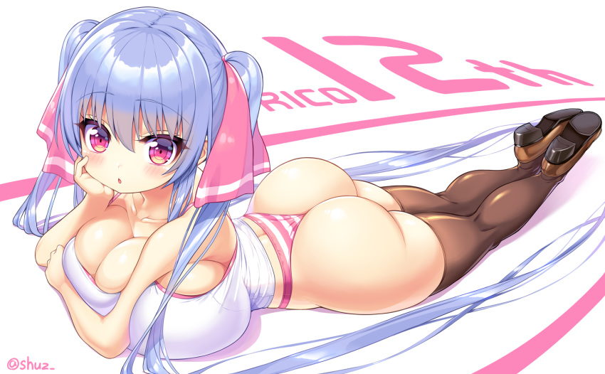 1girl ass blue_hair blush breasts brown_legwear highres huge_breasts legs_together long_hair looking_at_viewer lying on_stomach original panties red_eyes riko_(shuz) shiny shiny_hair shiny_skin shoes shuz_(dodidu) solo striped striped_panties tank_top thighhighs thong twintails two_side_up underwear