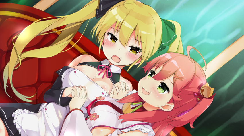 2girls ahoge bare_shoulders bell blonde_hair breasts cleavage couch crossover dream_c_club_(series) goboudashi green_eyes hair_bell hair_ornament hairclip holding_hands hololive long_hair mian_(dream_c_club) multiple_girls pink_hair sakura_miko sideboob twintails virtual_youtuber x_hair_ornament yellow_eyes