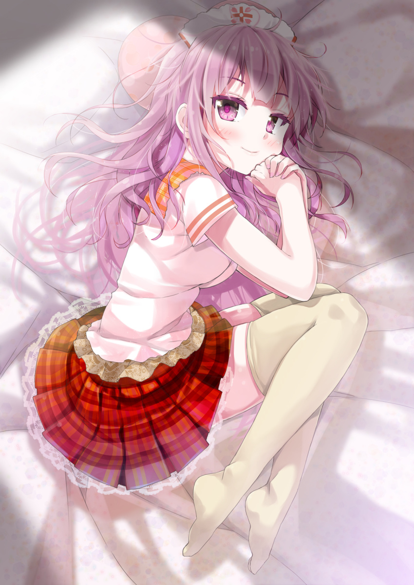 1girl bangs bed_sheet blush breasts brown_legwear cafe-chan_to_break_time character_request commentary_request eyebrows_visible_through_hair full_body hands_together hands_up highres knees_up lace lace-trimmed_skirt long_hair lying medium_breasts nail_polish no_shoes on_side own_hands_together pink_nails plaid plaid_skirt pleated_skirt porurin purple_eyes purple_hair red_skirt shirt short_sleeves skirt solo thighhighs very_long_hair white_headwear white_shirt