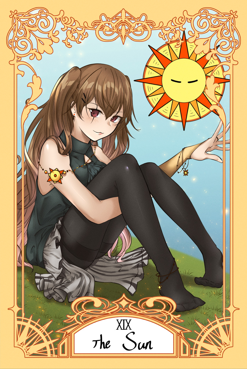 1girl absurdres black_legwear blue_sky brown_hair dress earrings english_text girls_frontline hair_ornament highres huge_filesize jewelry long_hair looking_at_viewer no_shoes pantyhose ring roman_numerals scar scar_across_eye shirt simple_background sitting sitting_on_lap sitting_on_person skirt sky smile solo stigmamyu sun tarot the_sun thighhighs ump9_(girls_frontline) white_skirt