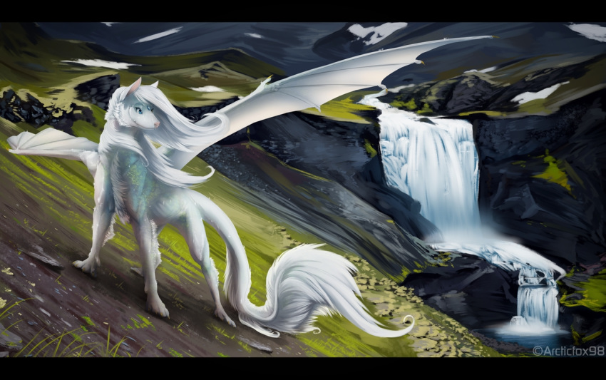 arcticfox98 black_bar black_bars blue_eyes day detailed_background dragon female feral fur furred_dragon grass hair letterbox membrane_(anatomy) membranous_wings outside paws smile solo waterfall white_body white_fur white_hair wings