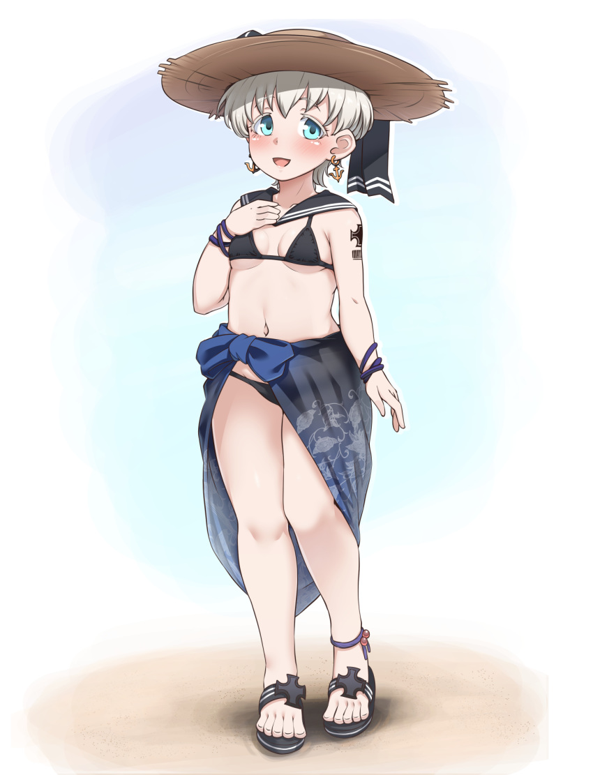 1girl alternate_costume anchor_earrings bikini black_bikini blue_eyes blue_sarong breasts full_body hat highres kantai_collection navel ryuun_(stiil) sandals sarong short_hair silver_hair small_breasts solo standing straw_hat sun_hat swimsuit tattoo translucent_sarong z1_leberecht_maass_(kantai_collection)