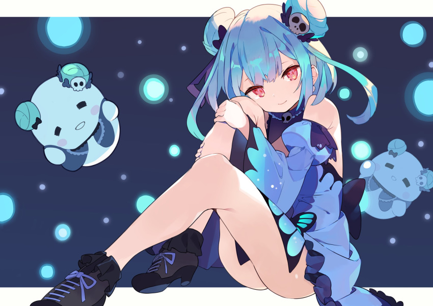 1girl animal_print bangs bare_shoulders black_background black_footwear blue_dress blush brooch butterfly_print closed_mouth detached_sleeves double_bun dress full_body ghost green_hair hair_ornament hair_ribbon hajime_(hajime-ill-1st) high_heels highres hololive jewelry knees_up leg_hug legs looking_at_viewer red_eyes ribbon short_hair sitting skull_hair_ornament smile solo thighs uruha_rushia virtual_youtuber